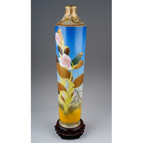151 - A Japanese Satsuma pottery vase of tapered cylindrical form, gilt neck and shoulders above the main ... 