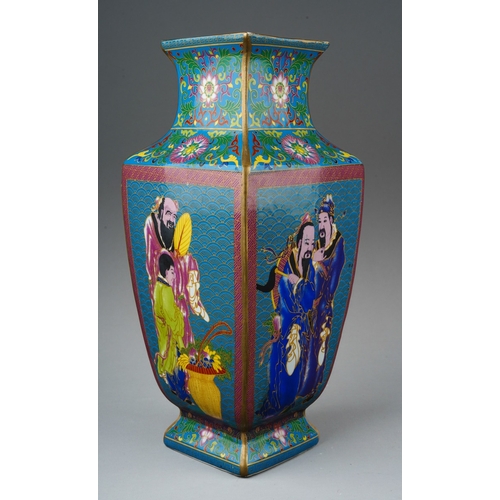 154 - A modern Chinese porcelain vase of square baluster form, polychrome enamelled in the style of cloiso... 