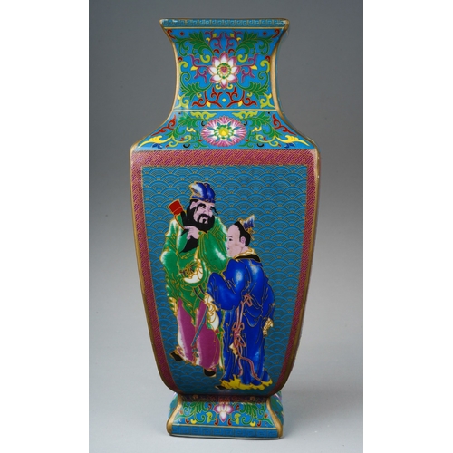 154 - A modern Chinese porcelain vase of square baluster form, polychrome enamelled in the style of cloiso... 