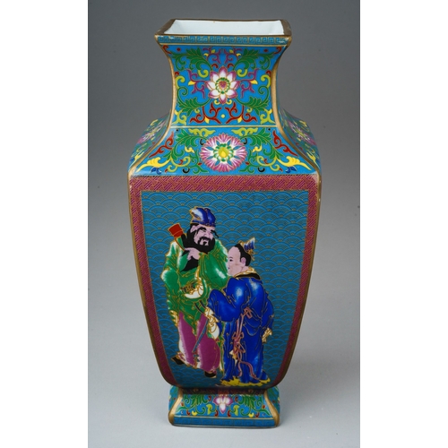 154 - A modern Chinese porcelain vase of square baluster form, polychrome enamelled in the style of cloiso... 