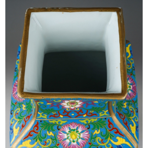 154 - A modern Chinese porcelain vase of square baluster form, polychrome enamelled in the style of cloiso... 