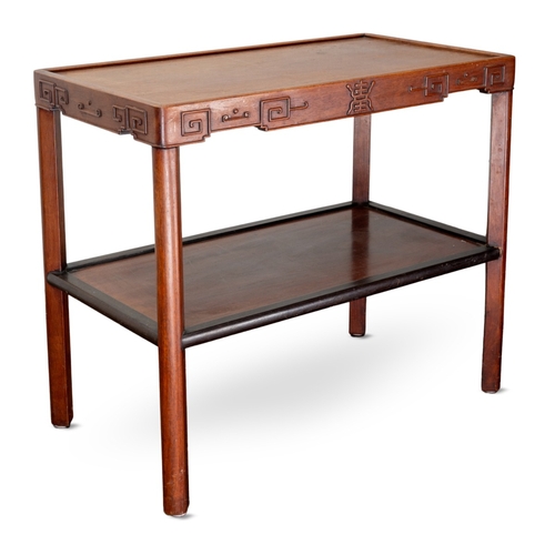 161 - A Chinese hardwood two tier table of rectangular form, shallow carved decoration around top edge, ch... 