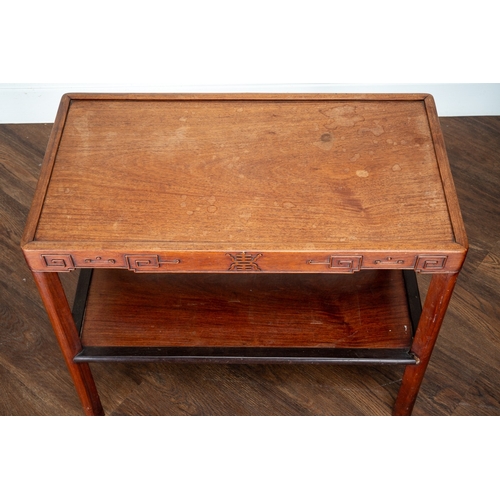 161 - A Chinese hardwood two tier table of rectangular form, shallow carved decoration around top edge, ch... 
