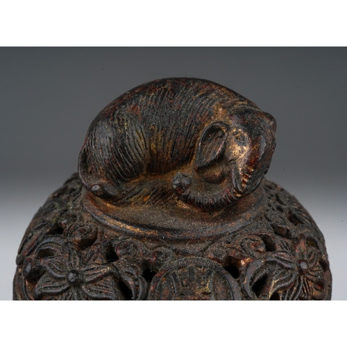 164 - A Chinese gilt bronze censer, the domed lid with recumbent elephant above foliate pierced design, th... 