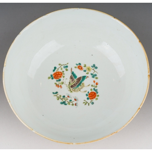 176 - A Chinese famille rose bowl, the interior enamelled to the centre with a single butterfly in a borde... 