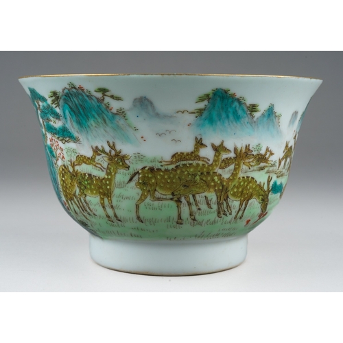 184 - A Chinese famille rose bowl, turquoise glazed interior, the exterior painted a continuous scene with... 