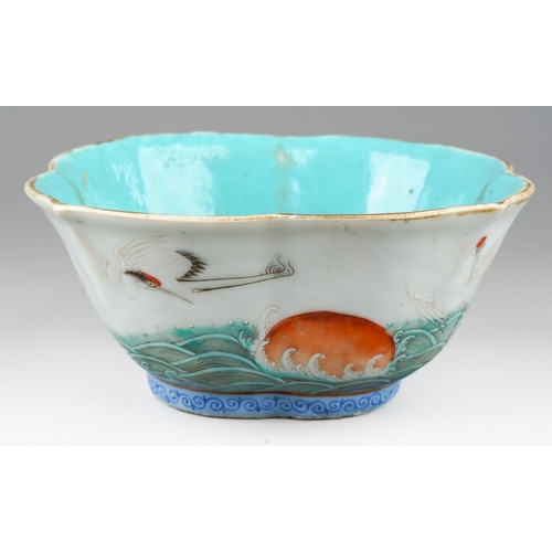 185 - A 19th century Chinese Famille Verte lobed bowl, turquoise interior, enamelled with cranes above wat... 