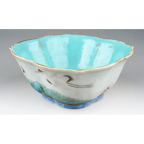 185 - A 19th century Chinese Famille Verte lobed bowl, turquoise interior, enamelled with cranes above wat... 