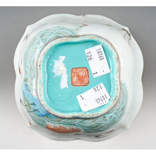 185 - A 19th century Chinese Famille Verte lobed bowl, turquoise interior, enamelled with cranes above wat... 