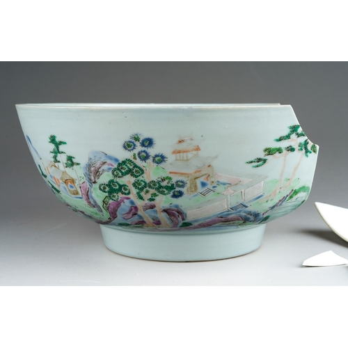 198 - A 19th century Chinese footed circular bowl, painted to exterior and interior with landscapes, on a ... 