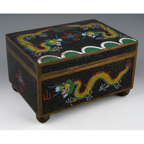 201 - A 20th century Chinese cloisonne rectangular box with pull off cover, the black ground decorated wit... 