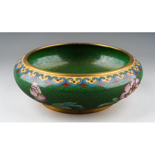 202 - A 20th century Chinese cloisonne bowl, green ground with floral decoration, max diameter 12.8cm