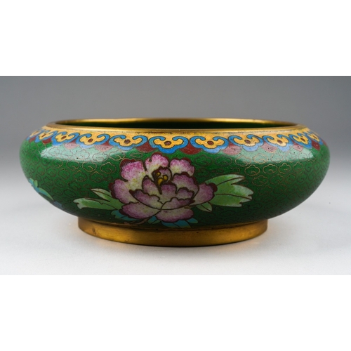 202 - A 20th century Chinese cloisonne bowl, green ground with floral decoration, max diameter 12.8cm