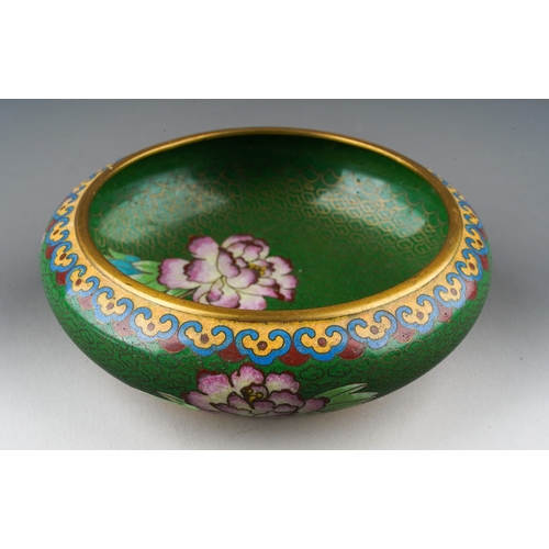 202 - A 20th century Chinese cloisonne bowl, green ground with floral decoration, max diameter 12.8cm