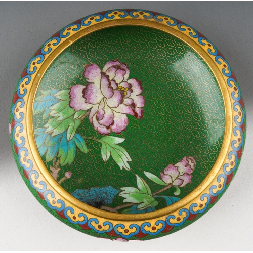 202 - A 20th century Chinese cloisonne bowl, green ground with floral decoration, max diameter 12.8cm