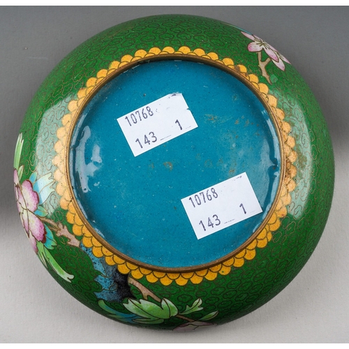 202 - A 20th century Chinese cloisonne bowl, green ground with floral decoration, max diameter 12.8cm