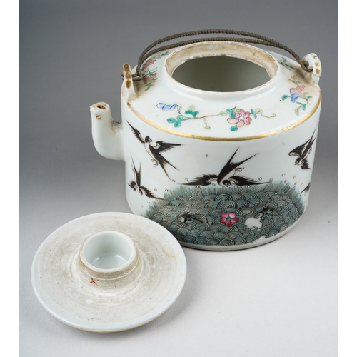 212 - A late 19th / early 20th century Chinese cylindrical tea pot and cover, twisted wire handles, painte... 