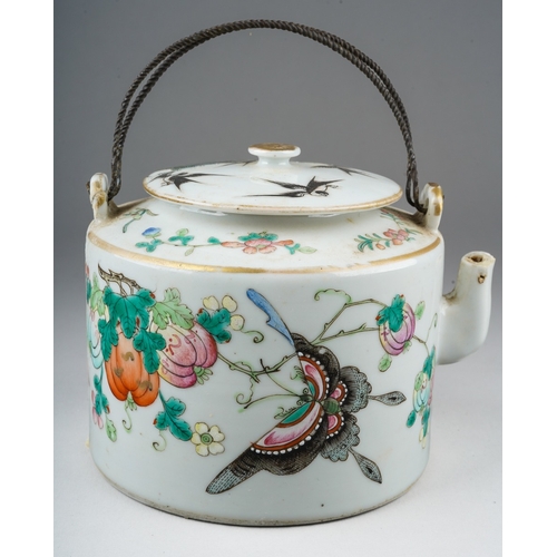 212 - A late 19th / early 20th century Chinese cylindrical tea pot and cover, twisted wire handles, painte... 