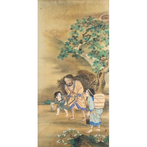 214 - A Japanese painting on silk of a man carrying a bundle of sticks with two children by his side, in a... 