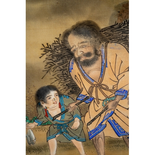 214 - A Japanese painting on silk of a man carrying a bundle of sticks with two children by his side, in a... 