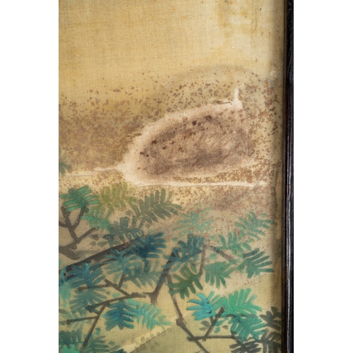 214 - A Japanese painting on silk of a man carrying a bundle of sticks with two children by his side, in a... 