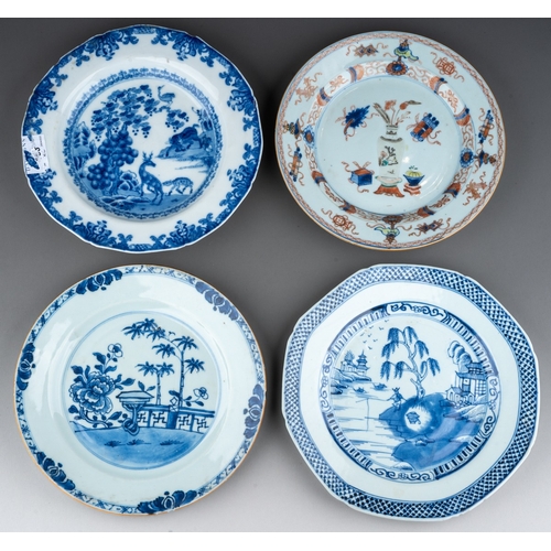 233 - Four assorted late 18th / early 19th century Chinese plates, three blue and white, one in the Imari ... 