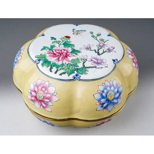 234 - A modern Chinese enamel box and cover of petal outline, yellow ground decorated with flowers, flora ... 