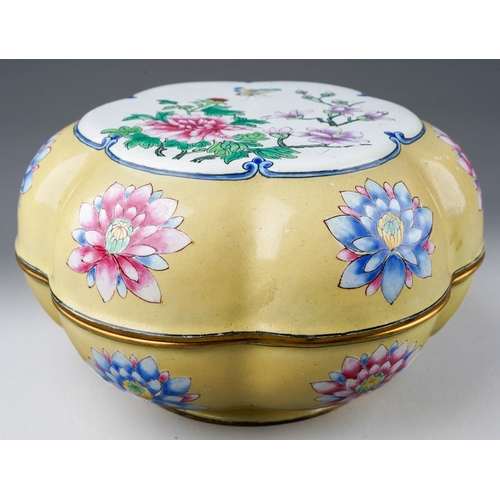 234 - A modern Chinese enamel box and cover of petal outline, yellow ground decorated with flowers, flora ... 