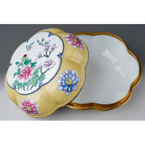 234 - A modern Chinese enamel box and cover of petal outline, yellow ground decorated with flowers, flora ... 