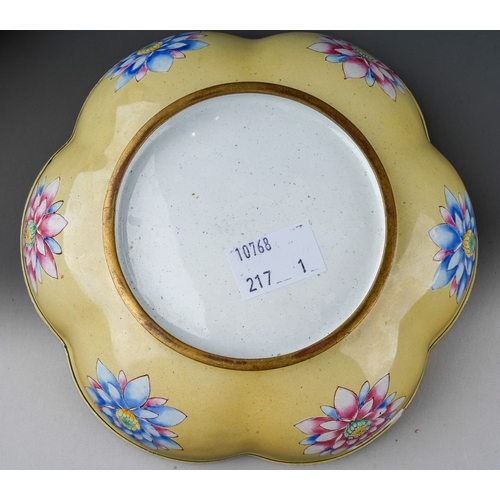 234 - A modern Chinese enamel box and cover of petal outline, yellow ground decorated with flowers, flora ... 