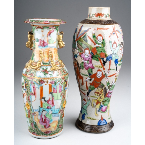 237 - A 19th century Chinese Canton famille rose twin handled baluster vase, repairs to neck and rim, larg... 