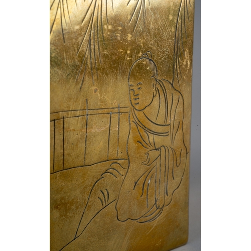 241 - A 20th century Chinese hexagonal brass tea caddy with cylindrical cover, engraved floral and figural... 