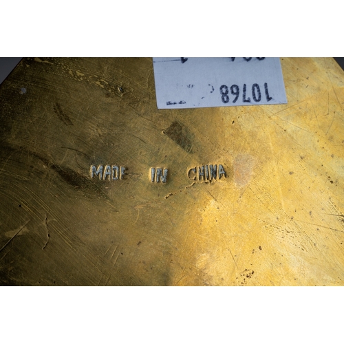 241 - A 20th century Chinese hexagonal brass tea caddy with cylindrical cover, engraved floral and figural... 