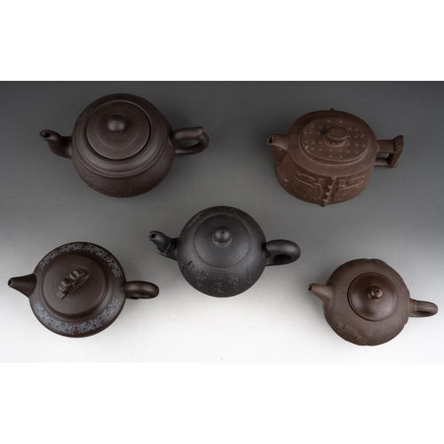 242 - A collection of five modern Chinese stoneware tea pots, all with lids, various shapes and designs, o... 