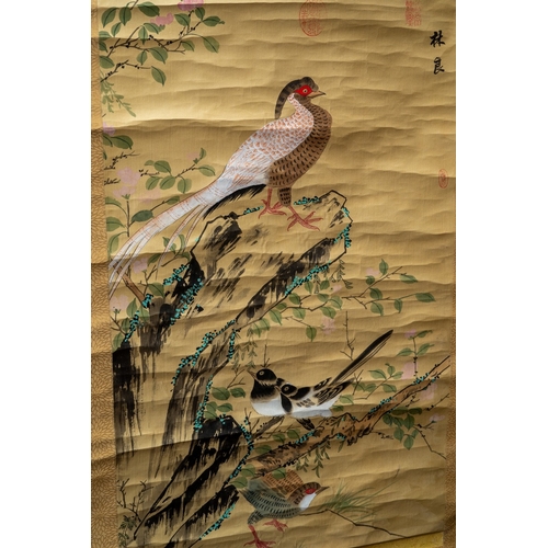 245 - A mid 20th century Chinese scroll, the silk ground painted with four birds on a rocky ledge, blue an... 