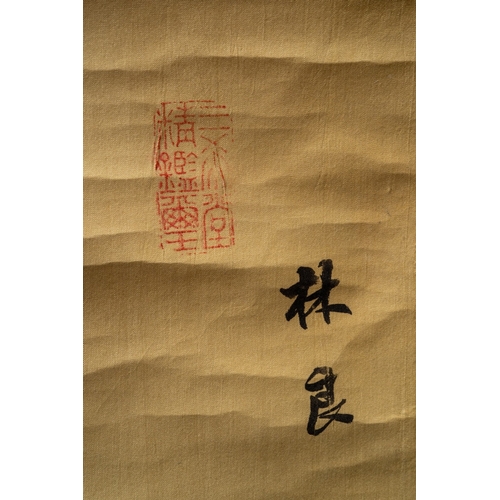 245 - A mid 20th century Chinese scroll, the silk ground painted with four birds on a rocky ledge, blue an... 