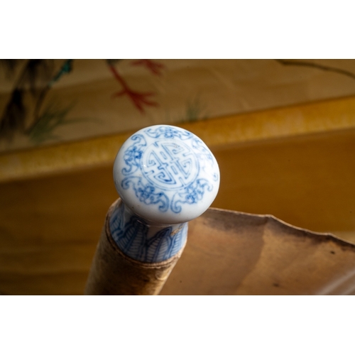 245 - A mid 20th century Chinese scroll, the silk ground painted with four birds on a rocky ledge, blue an... 