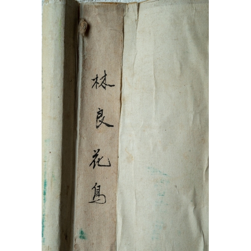245 - A mid 20th century Chinese scroll, the silk ground painted with four birds on a rocky ledge, blue an... 