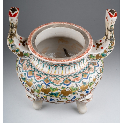 247 - A late 19th century Japanese pottery Meiji period (1868-1912) koro, lacks cover, with upturned handl... 