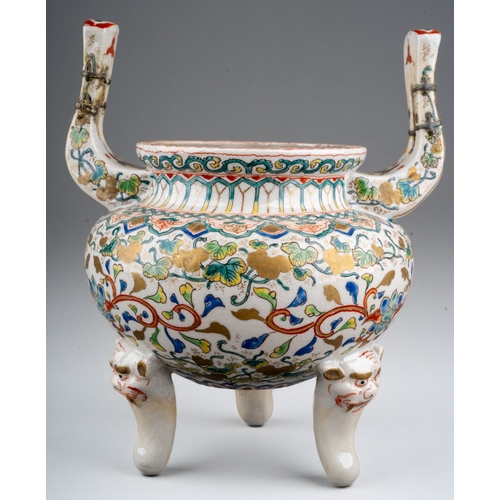 247 - A late 19th century Japanese pottery Meiji period (1868-1912) koro, lacks cover, with upturned handl... 