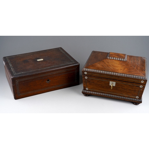 256 - An early Victorian rosewood and mother of pearl inlaid sarcophagus work box, moulded rims to the hin... 