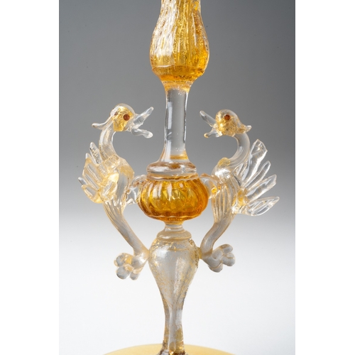 259 - A Venetian pale amber and gilt tall glass specimen vase, frilled rim, elongated slender neck to tuli... 