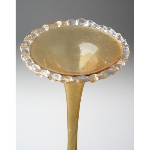 259 - A Venetian pale amber and gilt tall glass specimen vase, frilled rim, elongated slender neck to tuli... 