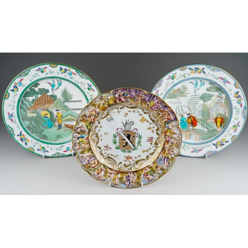 267 - A Capodimonte plate with armorial decoration to centre, diameter 25.7cm, together with two Royal Dou... 