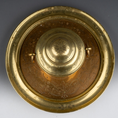 270 - A Charles Asprey brass and copper inkwell, the inkwell of covered urn form, the hinged lid enclosing... 