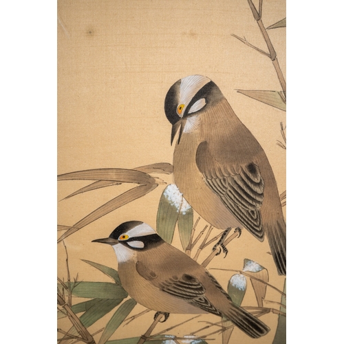 279 - A late 20th century Chinese painting on silk of two birds in bamboo, fabric mount, framed and glazed... 