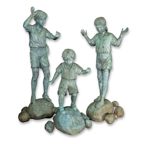 281 - After Eneri Prosperi: A set of three late 20th century bronze garden figures of two boys and a girl ... 