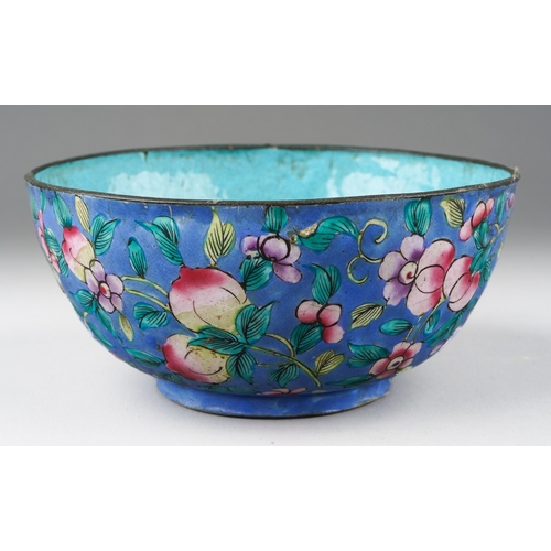 285 - A Chinese enamel bowl of circular form, turquoise interior, the exterior with a pale blue ground dec... 