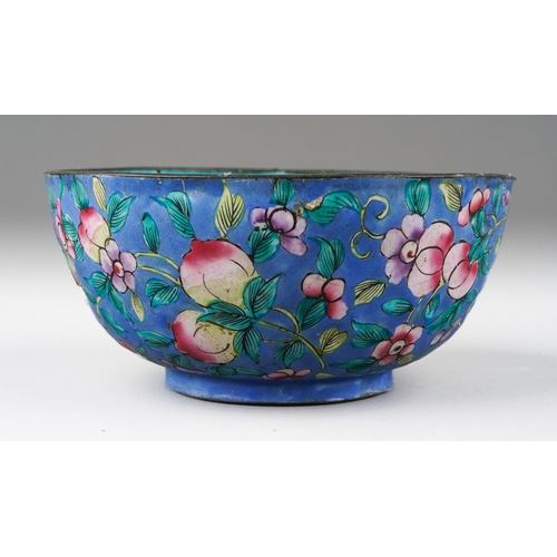 285 - A Chinese enamel bowl of circular form, turquoise interior, the exterior with a pale blue ground dec... 