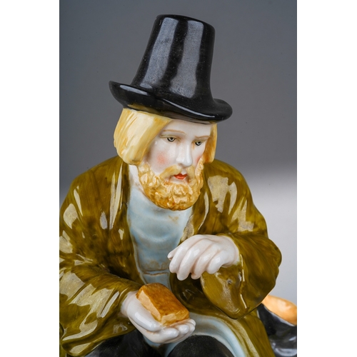 295 - A Russian Gardner factory porcelain figure of a tramp, wearing a hat, his boots beside him, printed ... 